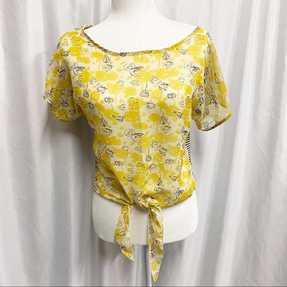 Sheer Yellow Rose Print & Striped Tie Front Blouse - Picture 1 of 6